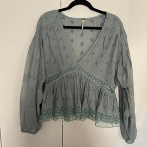 Free People" Nostalgic Feels" green embroidered cotton top blouse large